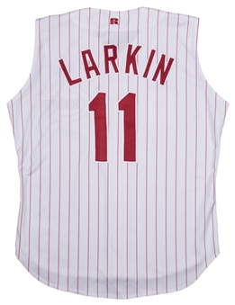 1995 Barry Larkin Game Used and Signed/Inscribed Cincinnati Reds Home Jersey Vest (PSA/DNA)